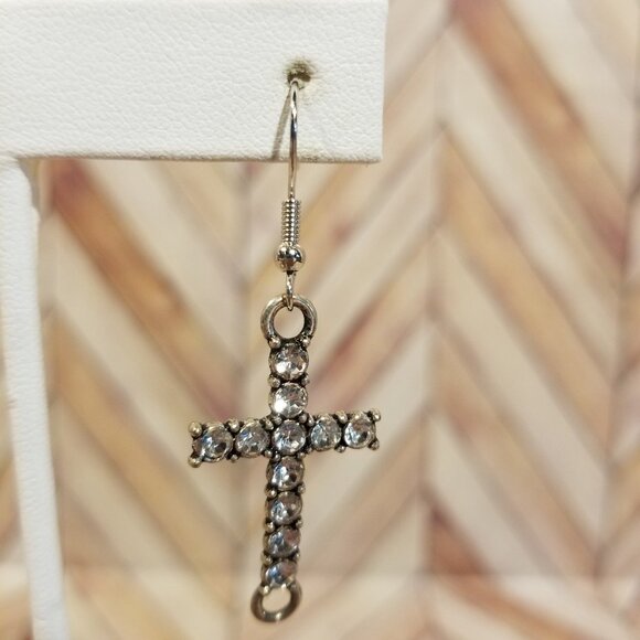 Silver Rhinestone Cross Dangling Earrings - Picture 2 of 3